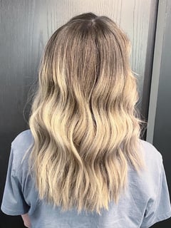View Women's Hair, Hairstyle, Beachy Waves, Curly, Haircut, Layers, Long Hair (Upper Back Length), Hair Length, Foilayage, Blonde, Hair Color, Balayage - Jenna Miller, Grove City, OH
