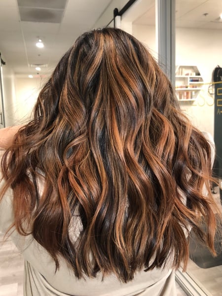 Image of  Women's Hair, Balayage, Hair Color, Black, Color Correction, Red, Hair Length, Long, Blunt, Haircuts, Beachy Waves, Hairstyles