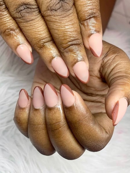 Image of  Nails, Gel, Nail Finish, Manicure, Short, Nail Length, Beige, Nail Color, Brown, French Manicure, Nail Style, Nail Art, Hand Painted, Round, Nail Shape
