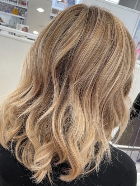 Image of  Women's Hair, Blowout, Hair Color, Balayage, Blonde, Brunette, Foilayage, Full Color, Highlights, Ombré, Shoulder Length, Hair Length, Layered, Haircuts, Beachy Waves, Hairstyles, Curly