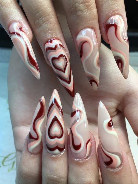 Image of  XL, Nail Length, Nails, Nail Art, Nail Style, Hand Painted, Beige, Nail Color, Red, Manicure, Gel, Nail Finish, Stiletto, Nail Shape