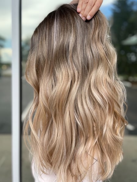 Image of  Women's Hair, Blowout, Hair Color, Balayage, Blonde, Foilayage, Highlights, Long, Hair Length, Layered, Haircuts, Beachy Waves, Hairstyles, Curly