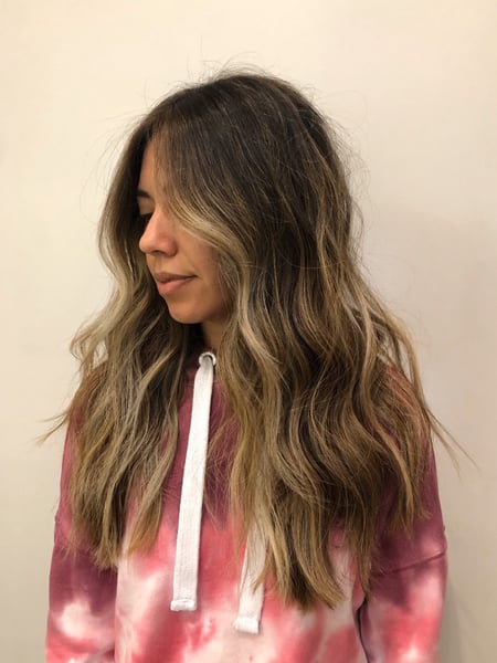 Image of  Women's Hair, Balayage, Hair Color, Blonde, Brunette, Color Correction, Fashion Color, Foilayage, Full Color, Highlights, Long, Hair Length, Layered, Haircuts, Beachy Waves, Hairstyles, Curly