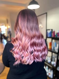View Hair Color, Curls, Hairstyle, Beachy Waves, Haircut, Layers, Hair Length, Long Hair (Mid Back Length), Ombré, Full Color, Fashion Hair Color, Balayage, Women's Hair - Ashley Ewing, Terre Haute, IN