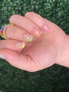 View Nails, Manicure, Gel, Nail Finish, Short, Nail Length, Clear, Nail Color, Neon, Orange, Pastel, Pink, Yellow, Green, Blue, French Manicure, Nail Style, Hand Painted, Nail Art, Square, Nail Shape - Lisa Selenschek, Grayslake, IL