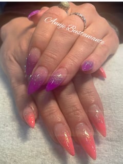 View Long, Nail Length, Nails, Ombré, Nail Style, Purple, Nail Color, Pink, Glitter, Acrylic, Nail Finish - AnnJeanette Bustamante, Colorado Springs, CO