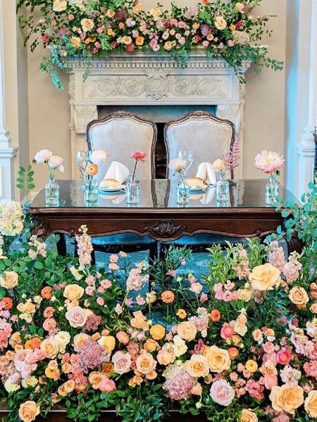 Image of  Florist, Arrangement Type, Centerpiece, Occasion, Wedding, Wedding Centerpiece, Size & Display, Horizontal, Color, Orange, Green, Pink