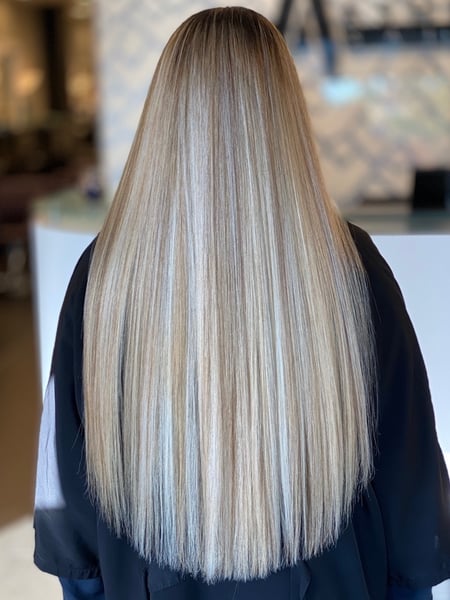 Image of  Women's Hair, Balayage, Hair Color, Blonde, Color Correction, Fashion Hair Color, Foilayage, Full Color, Ombré, Highlights, Long Hair (Upper Back Length), Hair Length, Blunt (Women's Haircut), Haircut, Natural Hair, Hairstyle, Smoothing , Keratin