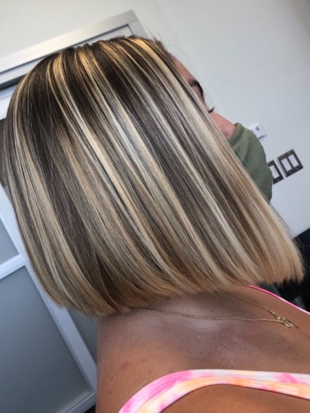 Image of  Women's Hair, Blowout, Hair Color, Blonde, Balayage, Brunette, Foilayage, Highlights, Silver, Hair Length, Short Chin Length, Shoulder Length, Bob, Haircuts, Blunt