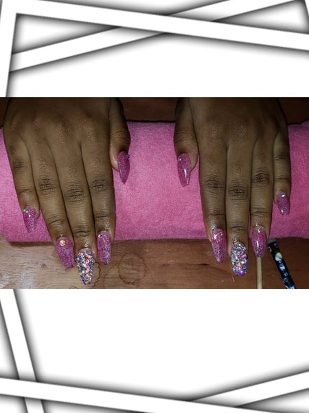 Image of  Nail Length, Nails, Medium, Pink, Nail Color, Glitter, Acrylic, Nail Finish, Coffin, Nail Shape