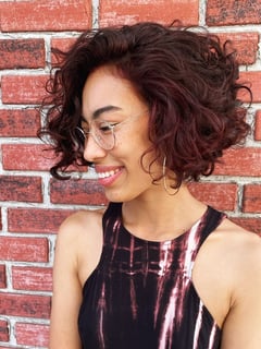 View Women's Hair, Hair Color, Brunette, Red, Full Color, Hair Length, Short Ear Length, Short Chin Length, Curly, Haircuts, Layered, Bob, Curly, Hairstyles - Nicolette Gilman, San Diego, CA