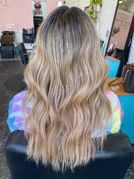 Image of  Women's Hair, Hair Color, Blowout, Balayage, Blonde, Foilayage, Highlights, Long Hair (Mid Back Length), Hair Length, Long Hair (Upper Back Length)