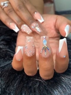 View Acrylic, Nail Shape, Coffin, Nail Art, Mix-and-Match, Nail Jewels, French Manicure, Hand Painted, Nail Style, Accent Nail, White, Nail Color, Beige, Nail Length, Medium, Nails, Nail Finish - Kirsten Slocumb, College Park, GA
