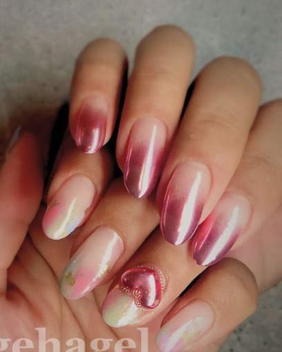 Image of  Nails, Pink, Nail Color, White, Acrylic, Nail Finish, Medium, Nail Length, Stiletto, Nail Shape, Round, Mirrored, Nail Style