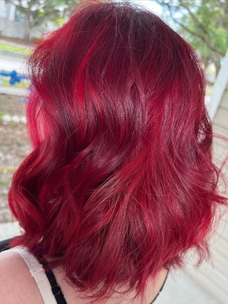 Image of  Shoulder Length, Hair Length, Women's Hair, Layered, Haircuts, Red, Hair Color, Fashion Color, Foilayage, Highlights, Full Color, Blowout, Hairstyles, Beachy Waves