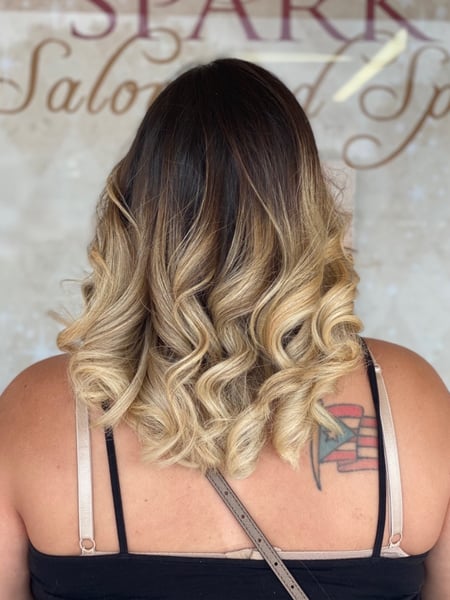 Image of  Women's Hair, Blowout, Ombré, Hair Color, Medium Length, Hair Length, Haircuts, Layered, Curly, Hairstyles, Blonde