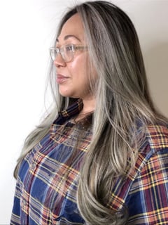 View Women's Hair, Blowout, Silver, Long Hair (Mid Back Length), Hair Length, Layers, Haircut, Straight, Hairstyle, Balayage, Highlights, Fashion Hair Color, Hair Color, Color Correction - Lydia Gonzalez, New York, NY