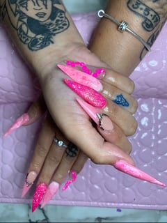 View Nails, Acrylic, Nail Finish, Long, Nail Length, Pink, Nail Color, Nail Art, Nail Style, Nail Jewels, Stiletto, Nail Shape - Paulina Evans, Philadelphia, PA