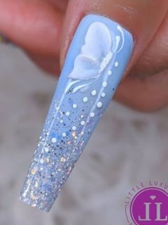 View Nails, Nail Color, Mix-and-Match, Jewels, Hand Painted, Nail Style, Accent Nail, Nail Shape, Stiletto, Nail Length, Long, Nail Finish, Acrylic, White, Glitter, Metallic, Blue - Amy , Minneapolis, MN
