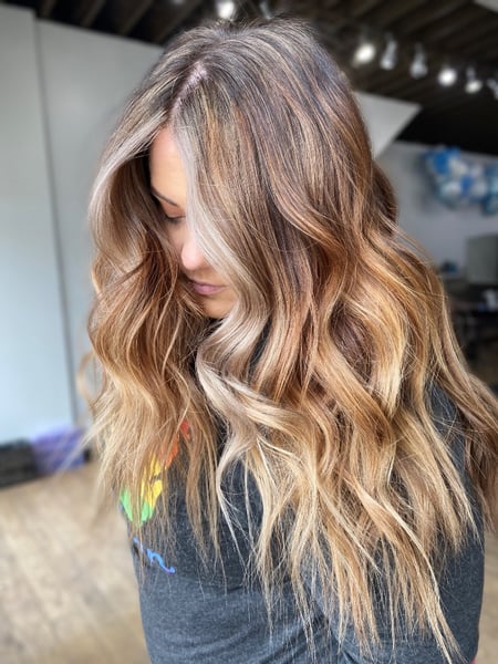 Image of  Haircuts, Women's Hair, Blowout, Beachy Waves, Hairstyles, Highlights, Hair Color, Balayage, Brunette, Long, Hair Length