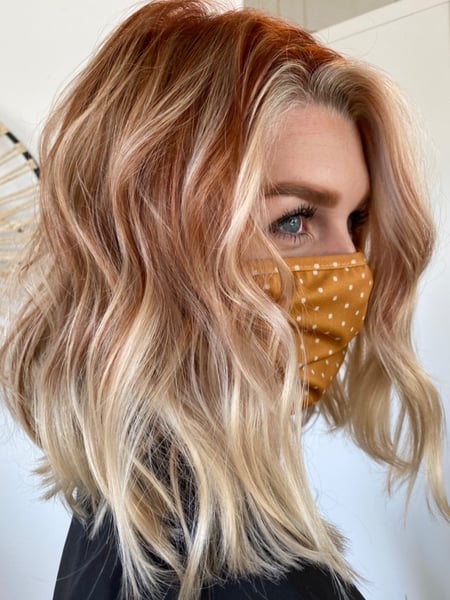 Image of  Women's Hair, Balayage, Hair Color, Blonde, Fashion Color, Red, Foilayage, Hair Length, Shoulder Length, Haircuts, Blunt, Bob, Layered, Beachy Waves, Hairstyles