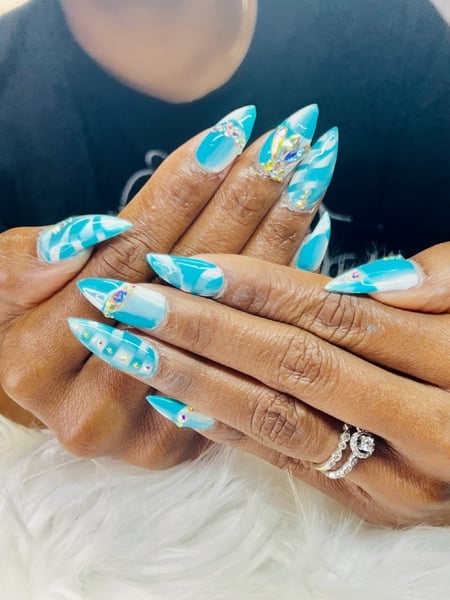 Image of  Nails, White, Nail Art, Gel, Acrylic, Blue, Hand Painted, Almond, Nail Style, Nail Color, Nail Jewels, Nail Length, Manicure, French Manicure, Nail Finish, Reverse French, Medium, Nail Shape, Ombré, Nail Service Type