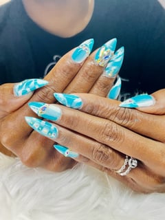 View Acrylic, Blue, Hand Painted, Almond, Nail Style, Nail Color, Jewels, Nail Length, Manicure, French Manicure, Nail Finish, Reverse French, Medium, Nail Shape, Ombre, Nail Service Type, Nails, White, Nail Art, Gel - Jasmine Bonner, Manor, TX