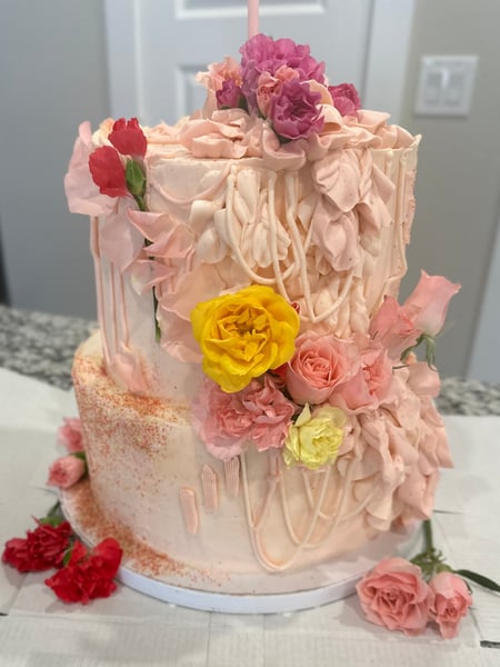Image of  Cakes, Occasion, Birthday, Color, Pink, Icing Type, Buttercream, Icing Techniques, Spatula Icing, Piping, Shape, Tiered, Round, Theme, Art, Custom Sweets, Occasion, Birthday