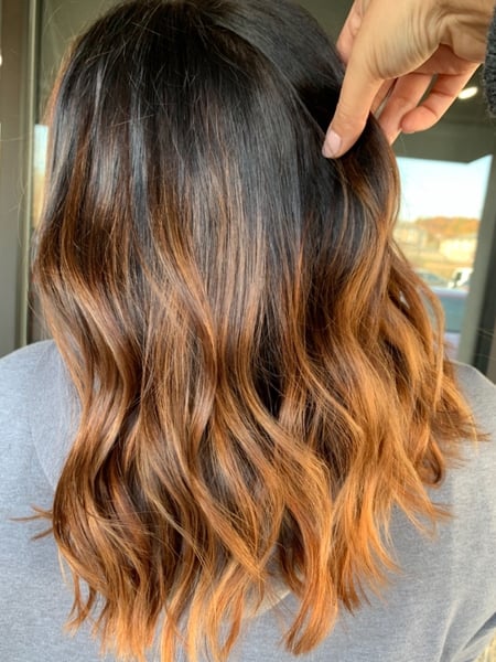 Image of  Women's Hair, Blowout, Hair Color, Balayage, Brunette, Foilayage, Hair Length, Shoulder Length, Layered, Haircuts, Hairstyles, Beachy Waves