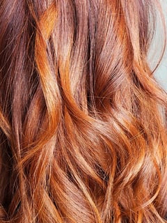 View Women's Hair, Hair Color, Balayage, Red, Highlights, Ombré, Medium Length, Hair Length, Layered, Haircuts, Curly, Hairstyles, Beachy Waves - Jes Spratley, Avondale, AZ