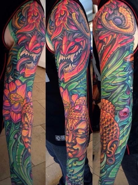 Image of  Tattoos, Tattoo Style, Tattoo Bodypart, Tattoo Colors, Japanese, Shoulder, Arm , Forearm , Wrist , Gold, Green , Purple , Red