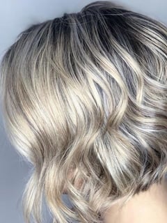 View Women's Hair, Balayage, Hair Color, Blonde, Short Chin Length, Hair Length, Blunt, Haircuts, Layered, Beachy Waves, Hairstyles - Melissa , Washington, DC