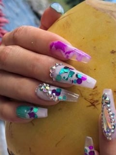 View Pink, Nails, Blue, Hand Painted, Nail Shape, Coffin, Nail Length, Long, Nail Finish, Acrylic, Pastel, Purple, Nail Color, Mix-and-Match, Jewels, Nail Style - Adrianna , Detroit, MI