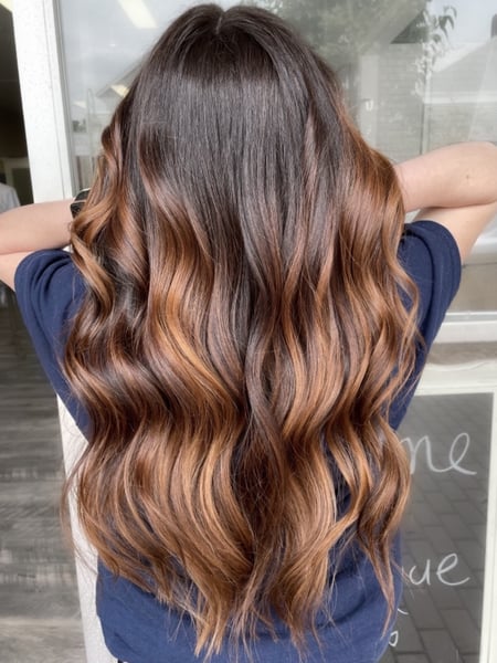 Image of  Women's Hair, Blowout, Hair Color, Balayage, Brunette, Hair Length, Long, Haircuts, Blunt, Hairstyles, Beachy Waves