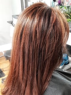 View Women's Hair, Hair Color, Red, Foilayage, Medium Length, Hair Length, Layered, Haircuts, Straight, Hairstyles - Becki Kennedy, Saint Charles, IL