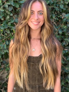 View Hair Color, Hairstyle, Beachy Waves, Haircut, Layers, Hair Length, Long Hair (Upper Back Length), Highlights, Foilayage, Brunette Hair, Blonde, Balayage, Women's Hair - CocoAlexander - Johnny Bueno, Los Angeles, CA