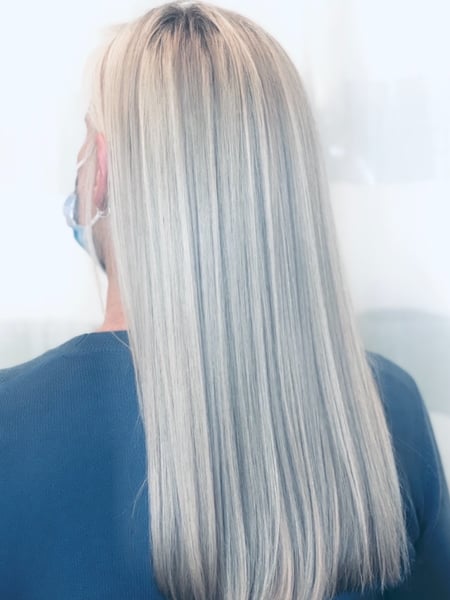 Image of  Women's Hair, Hair Color, Blonde, Color Correction, Silver, Highlights, Straight, Hairstyle