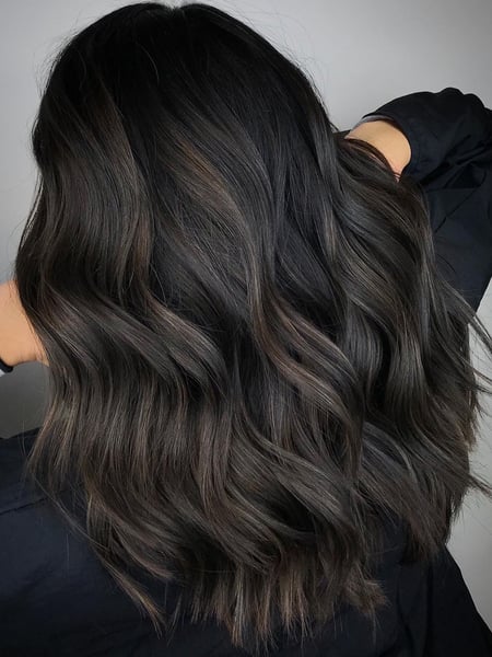 Image of  Women's Hair, Balayage, Hair Color, Foilayage, Brunette, Highlights, Shoulder Length, Hair Length, Layered, Haircuts, Beachy Waves, Hairstyles