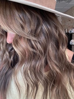 View Women's Hair, Foilayage, Hair Color, Brunette, Long, Hair Length, Layered, Haircuts, Beachy Waves, Hairstyles - Payton Evans, Ogden, UT