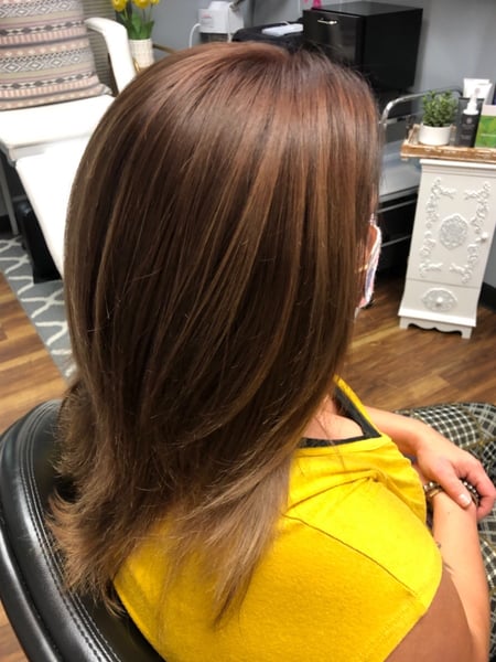 Image of  Women's Hair, Hair Color, Balayage, Brunette, Foilayage, Full Color, Highlights, Ombré, Shoulder Length, Hair Length, Layered, Haircuts, Hair Extensions, Hairstyles