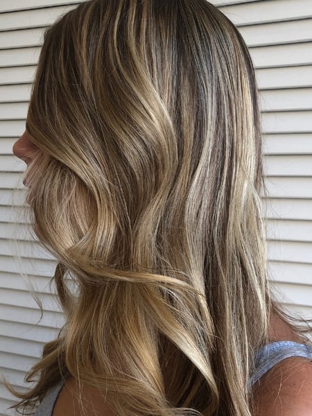 Image of  Layered, Haircuts, Women's Hair, Blunt, Bangs, Blowout, Permanent Hair Straightening, Beachy Waves, Hairstyles, Curly, Straight, Highlights, Hair Color, Full Color, Color Correction, Fashion Color, Blonde, Balayage, Foilayage, Long, Hair Length, Shoulder Length, Medium Length, Hair Restoration