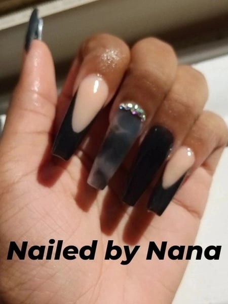 Image of  Nails, Manicure, Acrylic, Nail Finish, Long, Nail Length, Beige, Nail Color, Black, Clear, Accent Nail, Nail Style, French Manicure, Nail Jewels, Coffin, Nail Shape