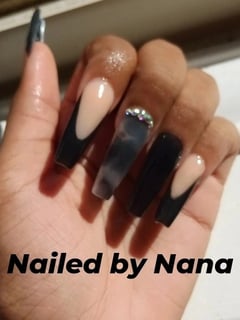 View Clear, Nail Color, Beige, Nail Length, Long, Nail Finish, Acrylic, Nails, Manicure, Nail Shape, Coffin, Nail Jewels, French Manicure, Nail Style, Accent Nail, Black - Nail tech, Douglasville, GA