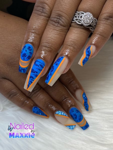 Image of  Nails, Acrylic, Nail Finish, Long, Nail Length, Blue, Nail Color, Glitter, Orange, Neon, Hand Painted, Nail Style, Nail Art, Color Block, Coffin, Nail Shape