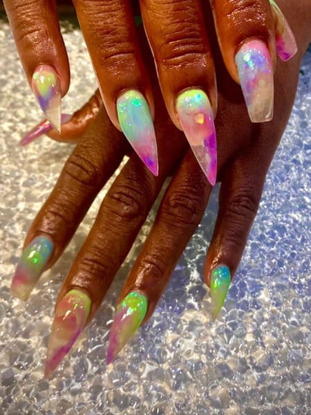 Image of  Nails, Acrylic, Nail Finish, Long, Nail Length, Blue, Nail Color, Pink, Pastel, Red, Green, Light Green, Hand Painted, Nail Style, Mix-and-Match, Nail Art, Ombré, Color Block, Glass, Glitter