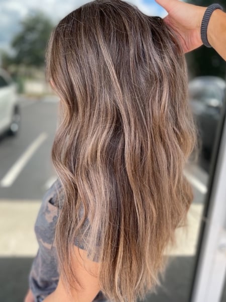 Image of  Women's Hair, Blowout, Hair Color, Balayage, Brunette, Foilayage, Highlights, Hair Length, Long, Haircuts, Layered, Beachy Waves, Hairstyles