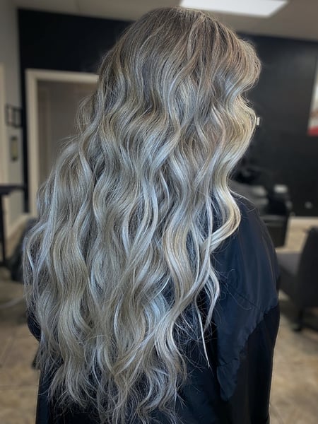 Image of  Silver, Blonde, Balayage, Long, Women's Hair, Hair Color, Highlights, Hair Length, Color Correction, Medium Length, Foilayage