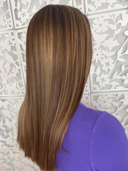 Image of  Women's Hair, Blowout, Hair Color, Balayage, Brunette, Highlights, Medium Length, Hair Length, Straight, Hairstyles