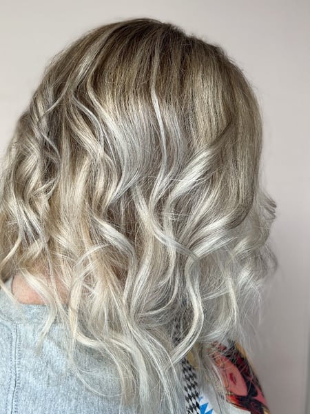 Image of  Layered, Haircuts, Women's Hair, Blowout, Beachy Waves, Hairstyles, Curly, Color Correction, Hair Color, Blonde, Foilayage, Highlights, Medium Length, Hair Length