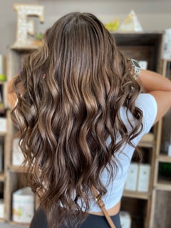 View Hair Color, Long, Hair Length, Layered, Haircuts, Beachy Waves, Hairstyles, Brunette, Women's Hair - Stephanie Tocco, Sterling Heights, MI